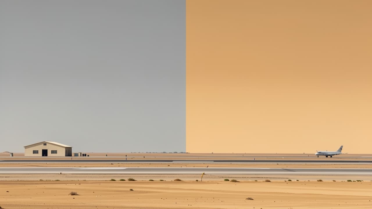 Illustration of a desert runway under a split grey and orange sky. It is not a photograph of the British airbase.