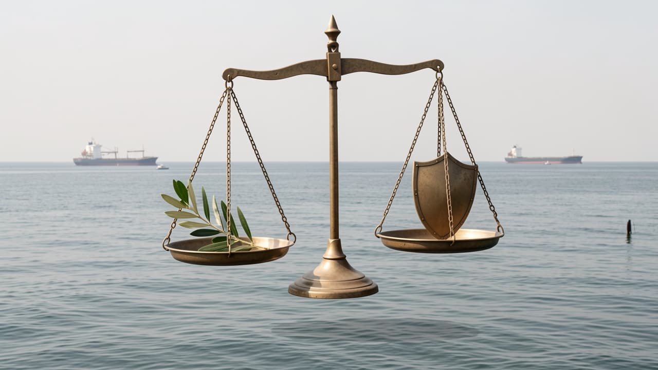Illustration of a balance scale holding an olive branch and a shield, with two cargo ships behind it.