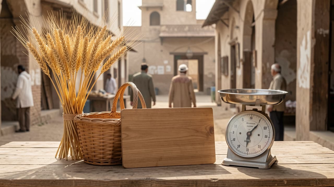 AI illustration of wheat stalks and a weighing scale. Not a photograph of a Sindh grain market.